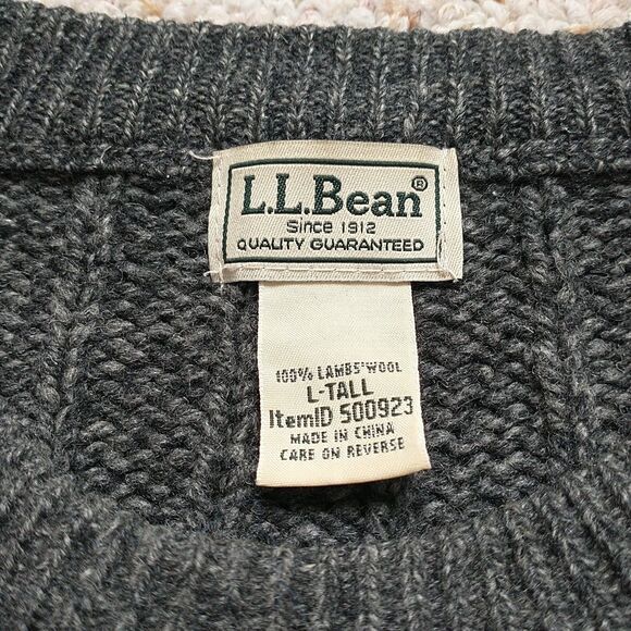 LL Bean Sweater Mens L Tall Gray LambsWool Elbow Patches Rib Knit Chunky Outdoor - Picture 5 of 6